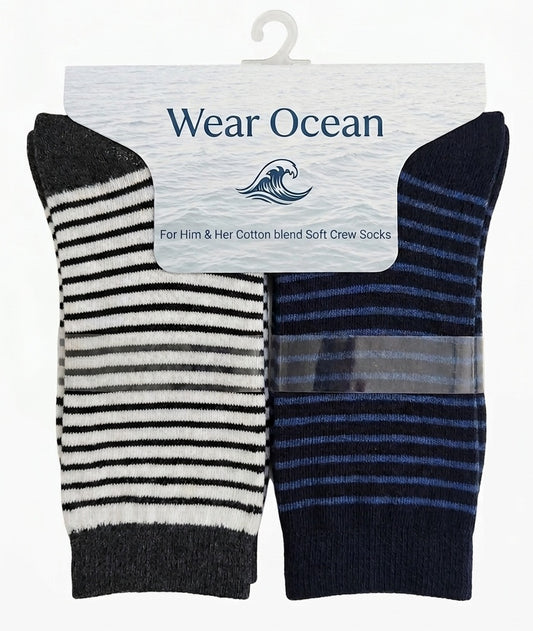 Cotton Blend Soft Crew Socks – 2 Pair Gift Pack (Striped Designs)