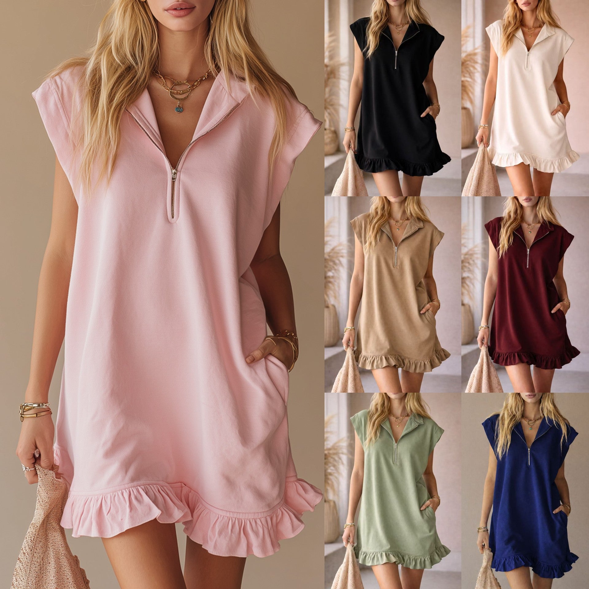 Sleeveless Double Pocket Dress Zipper V-neck Ruffled A-line Skirt For Women