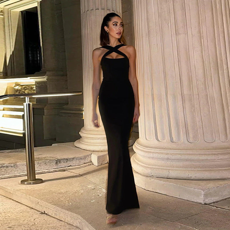 Cross Neck Bodycon Long Dress